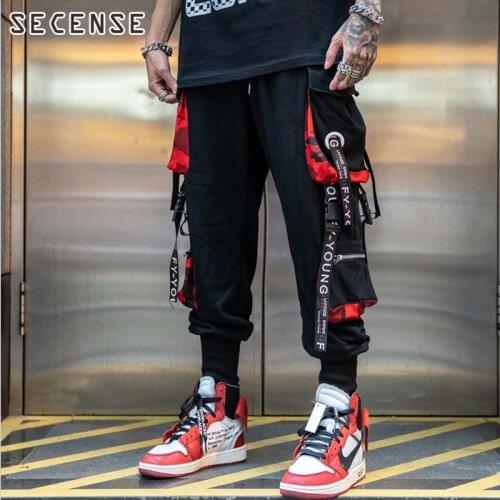 Hip Hop Joggers Men Letter Ribbons Cargo Pants Pockets Track Tactical Casual Techwear Male Trousers Sweatpants Sport Streetwear