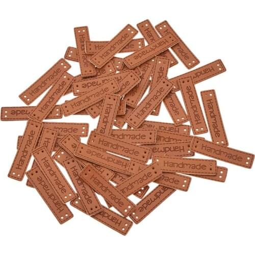 Lychee Life 50pcs Handmade Letter Pattern PU Leather Tags Rectangle Embossed Label DIY Flag Labels For Garment Sewing Accessory