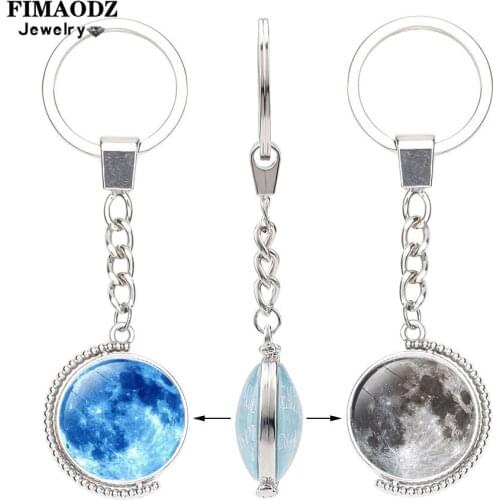 FIMAODZ Charm Double Side Moon Keychain Solar System Planet Galaxy Nebula Art Photo Glass Time Gem Bag Pendant Key Chain Rings