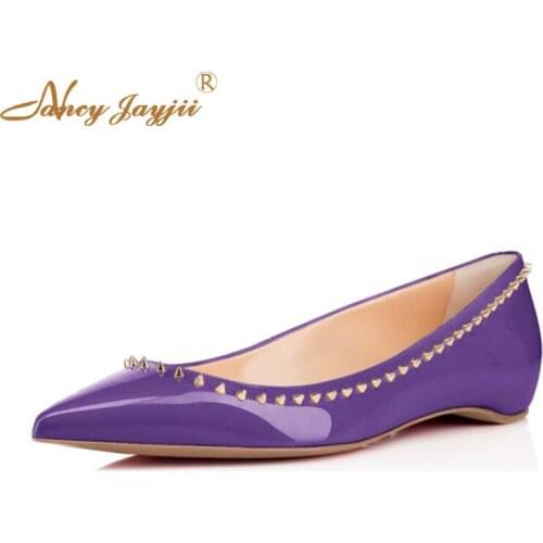 Purple Rivets Sexy Patent Leather Autumn Womens Shoes Beige Sole Pointy Toe Ballerinas Ladies Flats Sapato Bride&Party Shoes