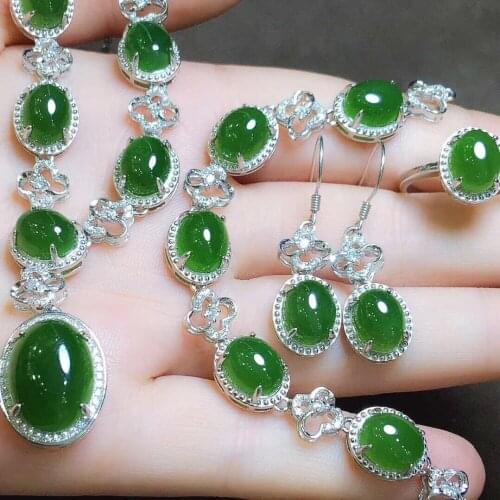 Hetian silver inlay Jasper four-piece suit (necklace + bracelet + ring + earrings) js02