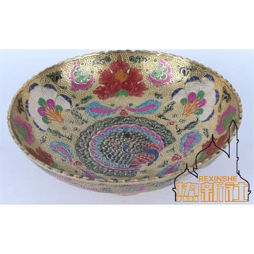 India arts and crafts metal basket 12 inch big basket of fruit compote water peacock copper plate