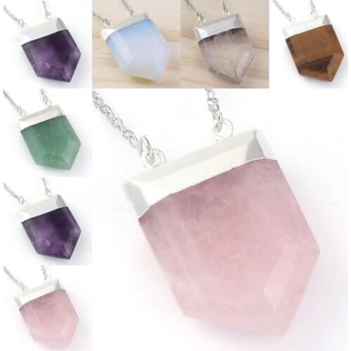 KFT Natural Healing Crystal Quartz Stone Pendant Shield Shape Chakra Quartz Reiki Stones Pendant Chain Necklace
