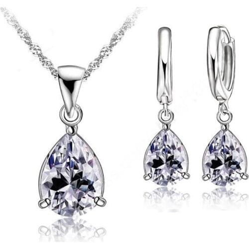 Fashion Shiny CZ Necklace And Earrings Jewelry Set 18 inch 925 Sterling Silver Women Girls Party Jewelry Set