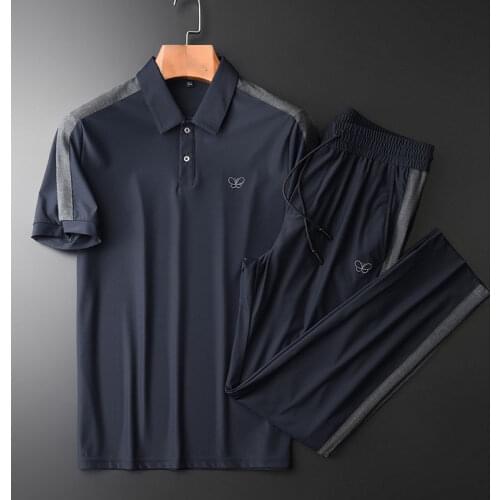 Men Tracksuit Summer silky lapel short-sleeved T-shirt suit mens slim thin stitching casual sports two-piece suit for men