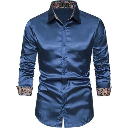 PARKLEES 2021 Paisley Patchwork Satin Dress Shirt Men Long Sleeve Slim Shinny Camisas Wedding Bridegroom Plus Size Chemise Homme