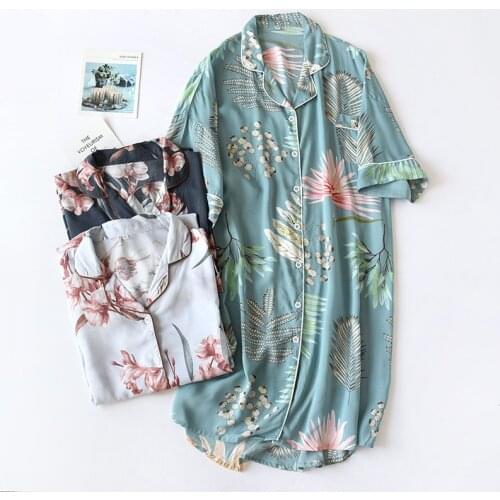 Night Dress Women New Cotton Sleepwear Printing Loose Ladies Nightgowns Lapel Loungewear Nightshirt Female Vestidos Mujer