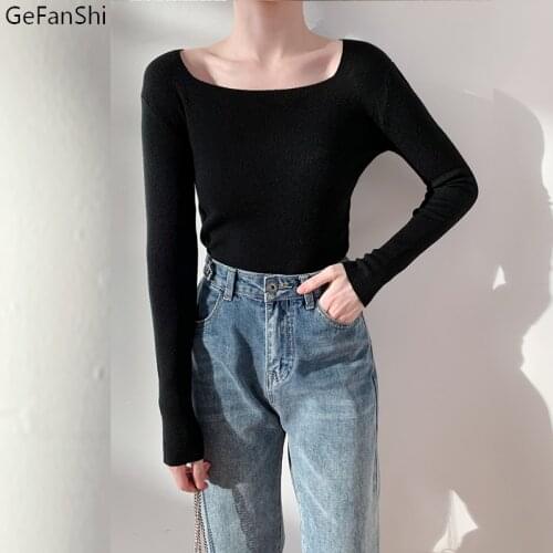 2021 New Autumn Winter Slim Square Collar Solid Slim Knitting Top Sweater Womens Clothing Sexy Bastic Sweater Black