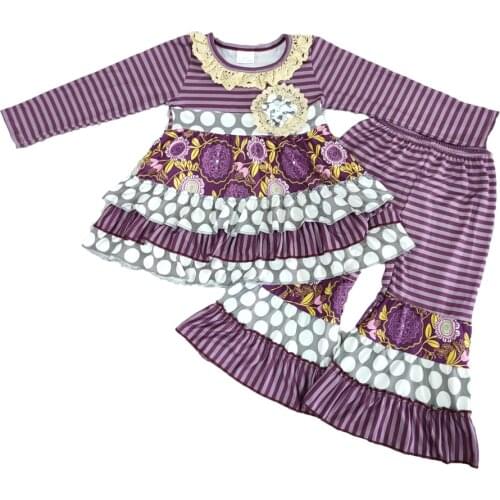 New arrival fashion kids winter outfit girl purple top and bell pants 2 pcs baby girls dot and lace outfit