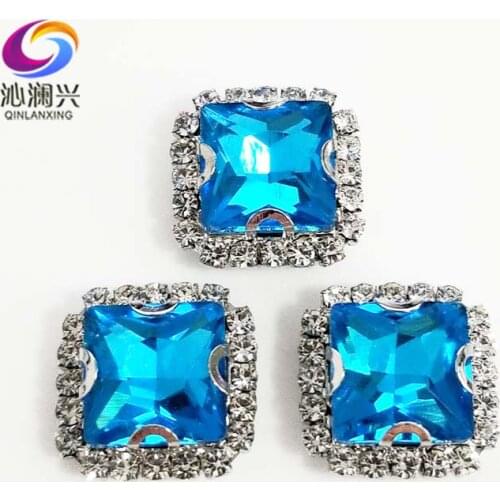 Lake blue square shape high quality Crystal glass buckle,silver bottom sew on rhinestones for Diy/jewelry accessories SQK12