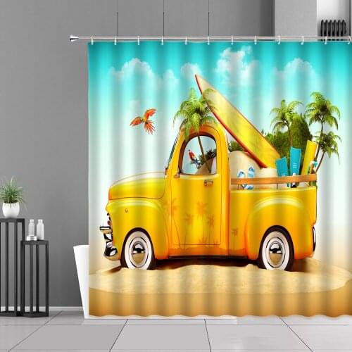 Beach Coconut Tree Yellow Travel Car Shower Curtain Tropic Sea Scenery Bath Curtains Sunny Ocean Design Home Bathroom Decor Set