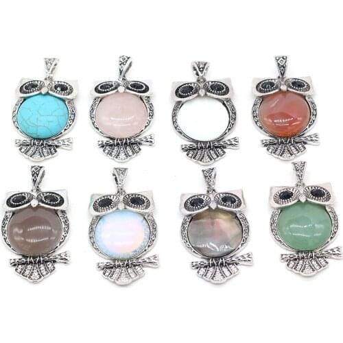 Natural Stone Agates Charm Owl Shape Green Aventurine Rose Quartzs Pendant for DIY Necklace Jewelry Making Gift Size 30x55mm