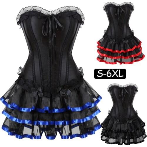 Sexy 3-layer lace Waist Trainer Black Corset Dress Satin Lace Up Set Womens Corsets Bustiers with Tutu Skirt Plus Size 5xl 6xl