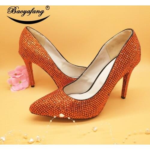 BaoYaFang Royal Blue/Orange Crystal Wedding Shoes 11cm High heels Pumps Pointed Toe women Fashion shoes Thin Heel