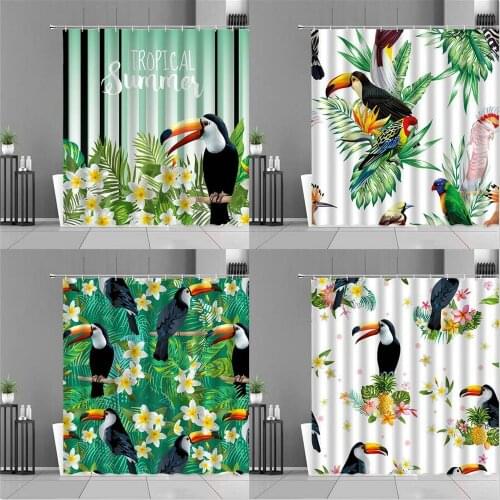 Toucan Jungle Parrot Bird Tropical Plant Flowers Green Leaves Shower Curtain Home Bathroom Decor Curtains Waterproof Bath Screen