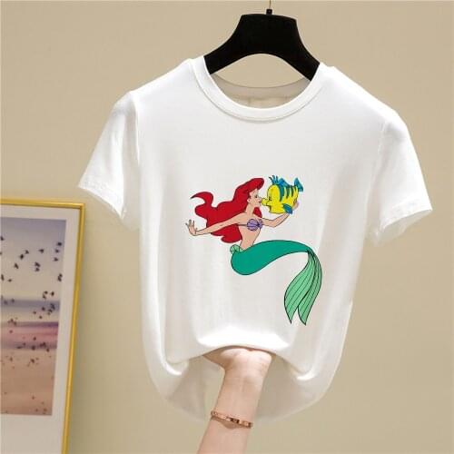 Disney Womens T Shirt Vogue Princess Ariel Printed Mermaid T-shirt Female Summer Casual Harajuku Tshirt Cartoon Girl Top Tee