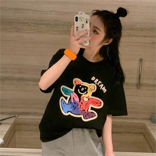 Graffiti Bear Print T Shirt Women Short Sleeve O Neck Loose Tshirt 2020 Summer Women Tee Shirt Tops Camisetas Mujer
