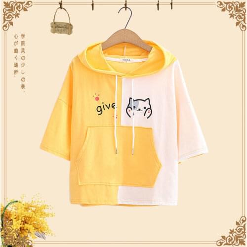 Summer Korean Style Loose Hoodie Kawaii Japanese Style Harajuku Lolita Women Top Soft Goth Aesthetic Harajuku T Shirt Women