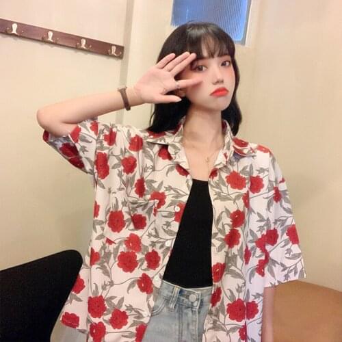 Womens Shirts Ulzzang Japanese Kawaii Vintage Casual Loose Lazy Ins Flower Shirt Female Korean Harajuku Cute Clothes For Women