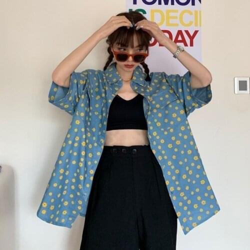 Harajuku Shirts Women Floral Top Summer Short Sleeve Cardigans Oversize Button Up Beautiful Blouses Korean Fashion 2021