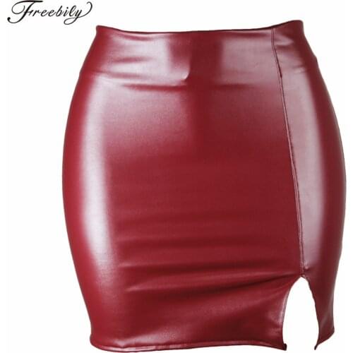 Skirts Women Plus Size High Waist PU Leather Bodycon Pencil Skirt Ladies Solid Skinny Zipper Back Side Slit Miniskirt Clubwear