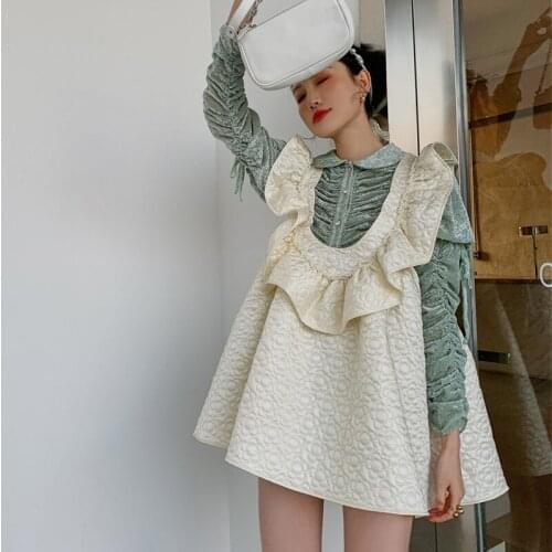 2021 Women Green Velvet Design Drawstring Puff Sleeve Shirt + Cute Cotton Beaded Ruffled Vest Dress Fashion 2-Piece Female Set