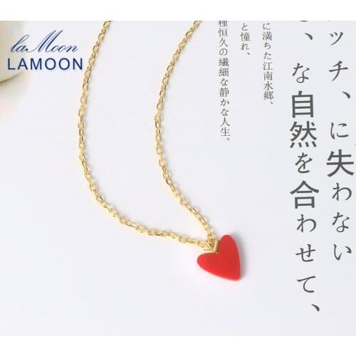 LAMOON 925 Sterling Silver Necklace For Women Little Heart Pendant Synthetic Red Coral 14K Gold Plated Fine Jewelry LMNI105