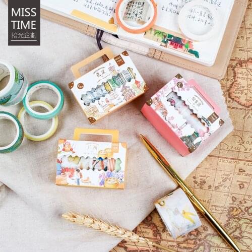 1box China City Series Washi Paper Tape Set Tourist Attractions Construction Travelers Notebook Decoration Stickers