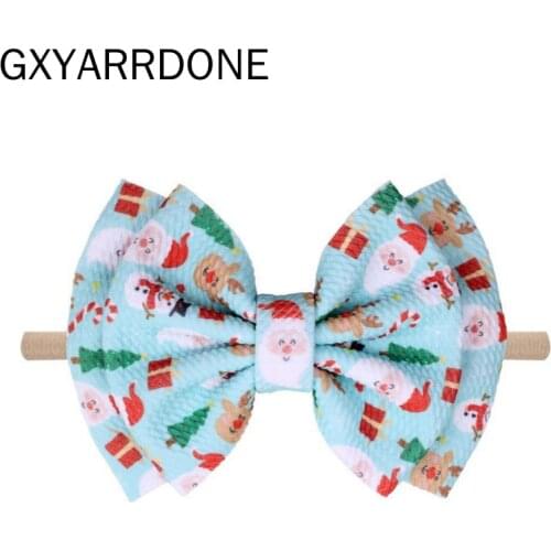 10pcs Messy Hair Bows Elastic Nylon Headband Christmas Santa Xmas Tree Plaid Printed Nylon Hair Band Girls Hair Accessories