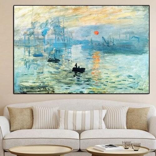 100% Hand Painted Famous Painting Claude Monet Impression Sunrise Landscape Cuadros Oil Painting Wall Art for Living Room Decor