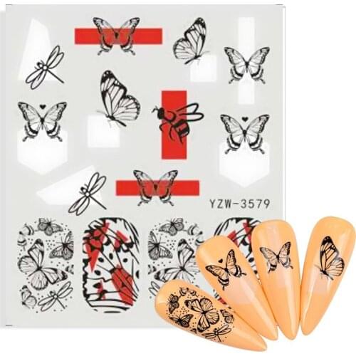 2021 NEW Black White Butterfly Nail Decals and Stickers Flower Blue Colorful Water Tattoo for Manicures Nail Art Slider Decor