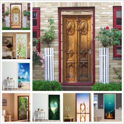 3D Embossed Wooden Door Wallpaper Self-adhesive Removable DIY Stickers On The Doors Living Room Bedroom Renovation Scenery Mural