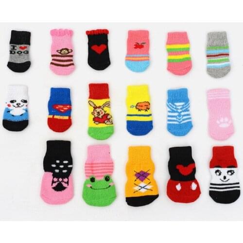 4pcs/set Dog Knit Socks Pet Paw Print Skid Sock Puppy Cat Cartoon Anti-Slip Shoes Socks for Indoor Wear Slip On Paw Protector