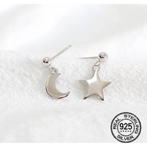 925 Sterling Silver Star Moon Stud Earrings For Women Simple Korea Fashion New Trend Hypoallergenic Female Student Gift Jewelry