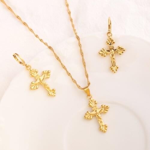 Bangrui Gold Retro Cross Pendant Necklace Earrings For Women Men Elegant Gold Jewelry Sets Christian Gifts