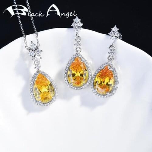 BLACK ANGEL 2021 New Yellow Diamond Jewelry Sets for Women Pink Crystal Pendant Topaz Blue Gemstone Earrings Water Drop Necklace
