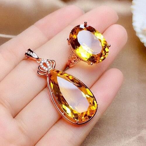 Yellow Crystal Citrine Gemstones Diamonds Rings Pendant Necklaces for Women Rose Gold Color Jewelry Trendy Party Accessories New