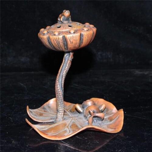 Collection Chinese Handmade Red Copper Frog Lotus Leaf Incense Burner Ornaments Auspicious Decoration Gifts
