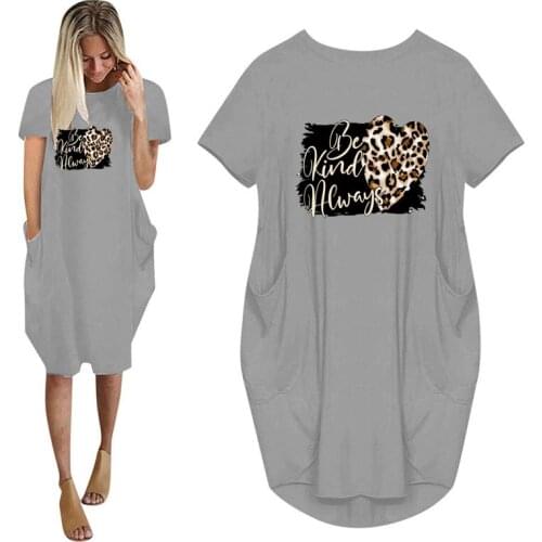 Leopard Love Print Women Summer Short Sleeve Casual Loose Dress With Pocket Ladies Fashion O Neck Long Tops Female T Shirt Dress