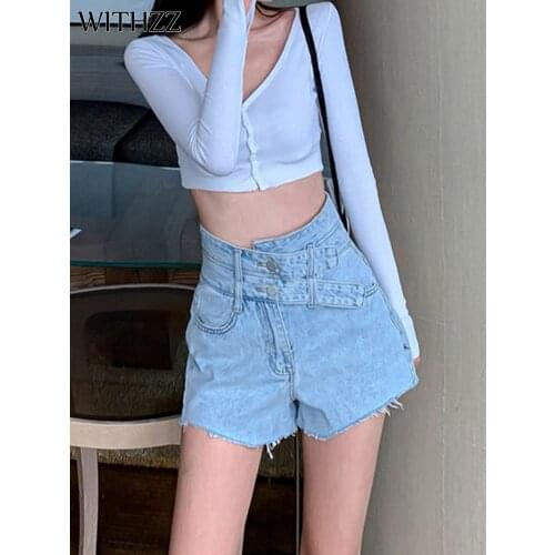 WITHZZ Summer Womens Loose High Waist Wide Leg Jeans Female Tassel Denim Shorts