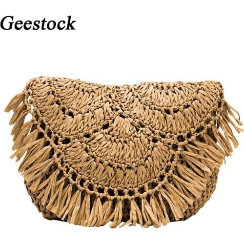 Geestock Summer Beach Bag for Women Casual Handmade Straw Rattan Shoulder Bags Tassels Female Crossbody Messenger Bag Purse