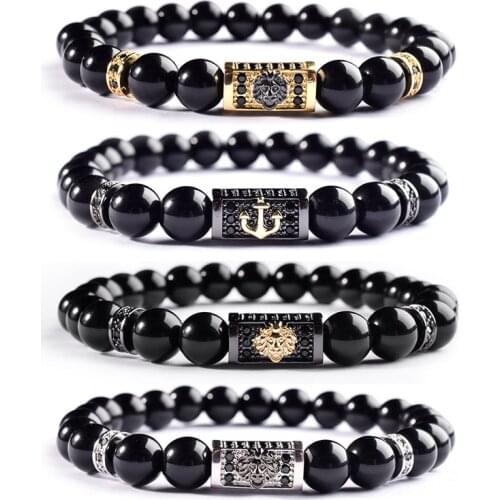 Fashion Mens Natural Stone Bracelet Black 8mm Beads Zircon Elastic Bangles Handmade Pulseras Jewelry