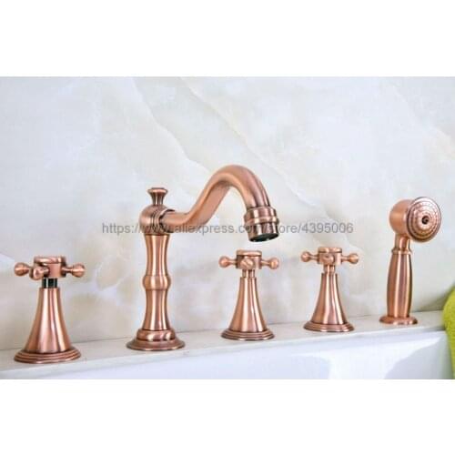 Deck Mounted Widespread Bathtub Faucet 3 Handles Bath Shower Mixers with Handshower 5 Hole Roman Tub Mixer Taps Btf216