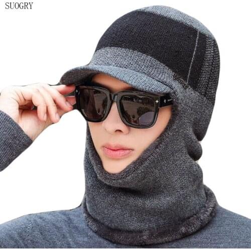 SUOGRY 2019 New High Quality Winter Knit Beanie Scarf Set Thick Lining Plus Velvet Mens Visor Hat Warm Dad Cap Soft Balaclava