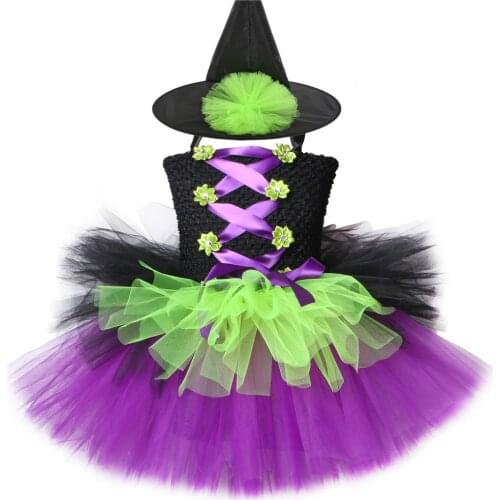 Girls Witch Tutu Dress with Hat Black Purple Green Kids Girls Halloween Carnival Witch Costume Children Girl Fancy Party Dress