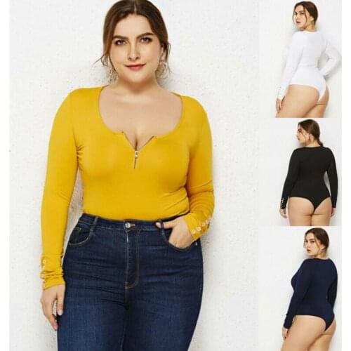 Plus Women Bodysuit Long Sleeve Shirt Leotard Jumpsuit Bodysuit Stretch Zip Blouse Tops Plus Size XL-6XL 4Colors