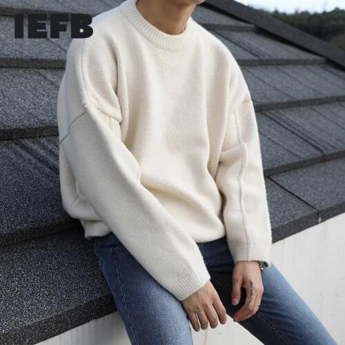 IEFB /mens wear sweater autumn and winter loose all-match Korean style vintage oversize kintted sweater round collar pullover