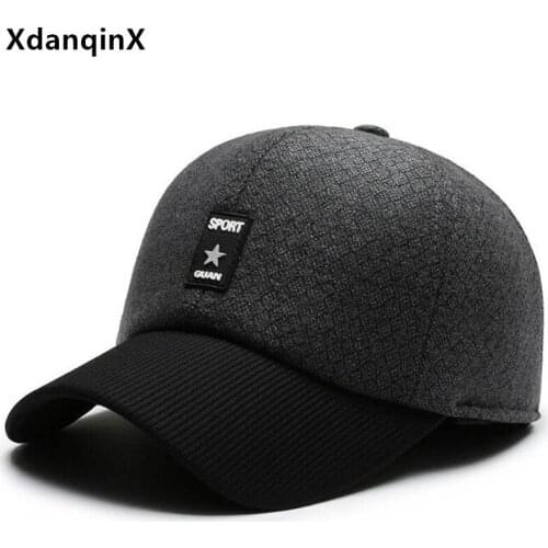XdanqinX Winter Mens Warm Hat Thick Baseball Caps Letter Fashion Sports Cap Windproof Warm Earmuff Hats Adjustable Size Dad Hat