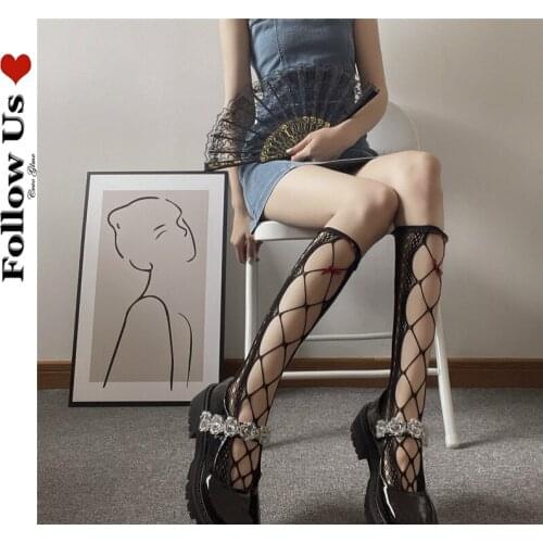 Japanese Hollow Over The Knee Calf Socks Lolita Socks Gothic Cross Strap Breathable Bowknot Stockings Sexy Mesh Socks for Women
