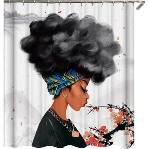 Polyester Bathroom Shower Curtain with Hooks African Girl Woman Afro Hairstyle Explosion Head